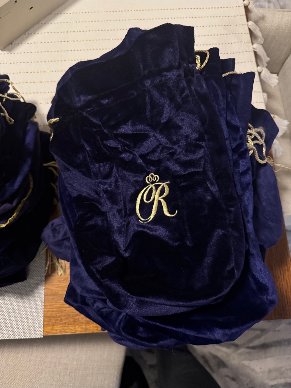 75 Royal Velvet Drawstring  - Purple with Gold Monogram and Beige and Purple bag